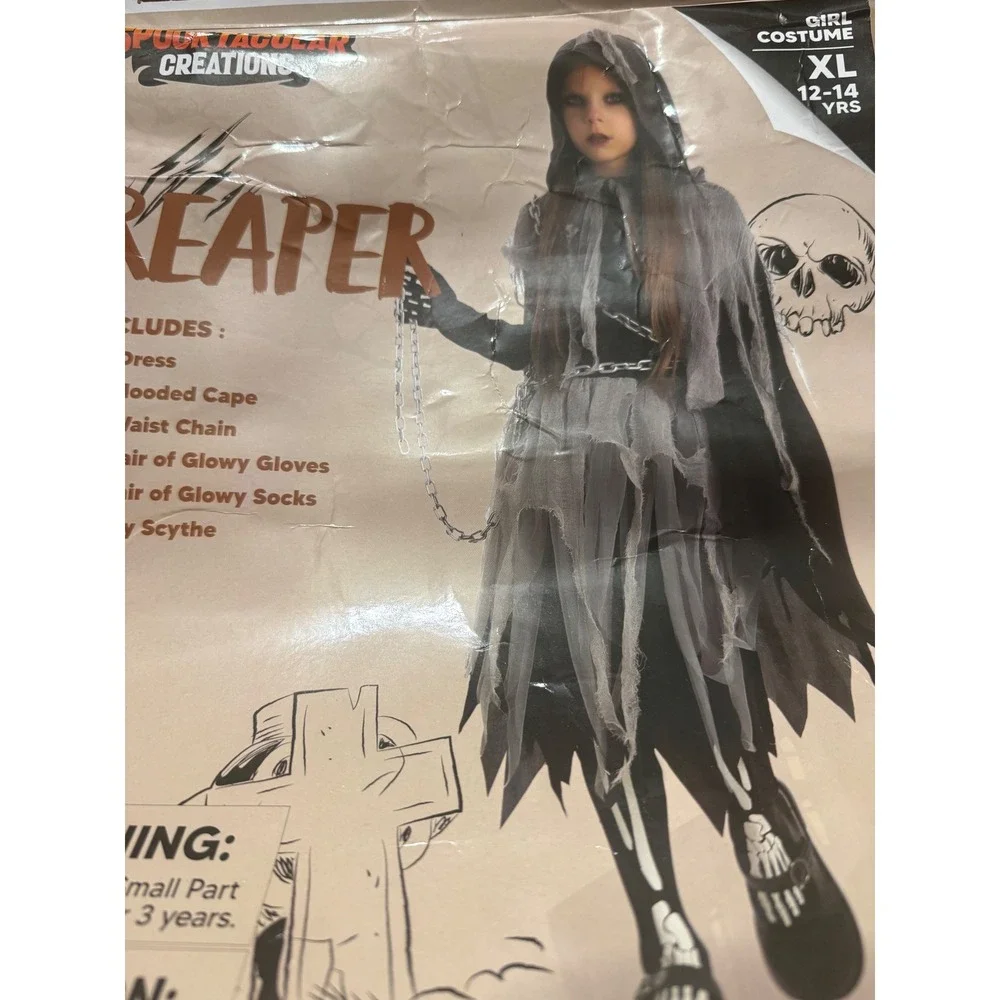 Spooktacular Creations Reaper Costume Kids XL 12-14 Tattered Glowy Halloween B2